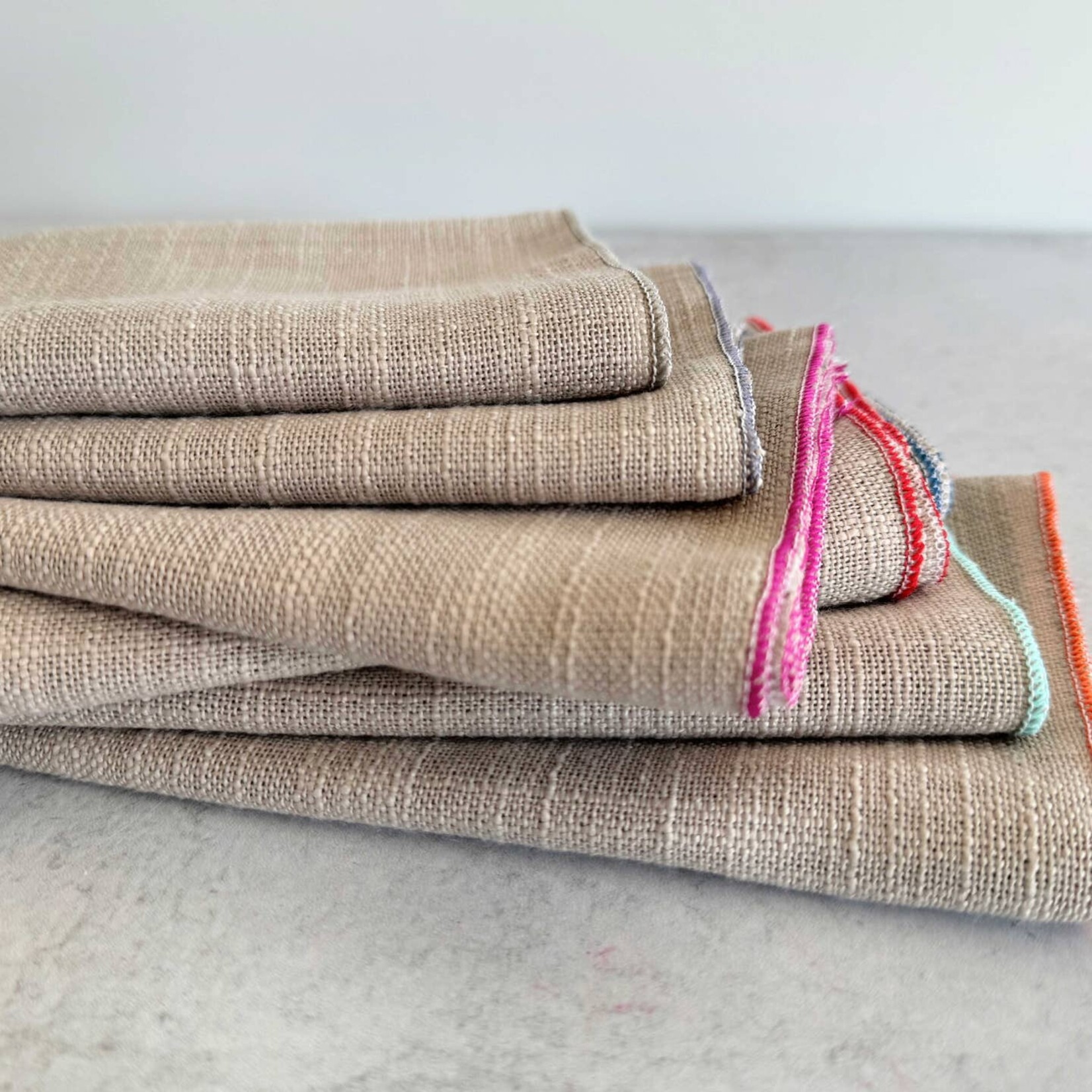 Dot and Army Oatmeal Linen Cloth Napkins with Multi-Colored Edging (Set of 8)