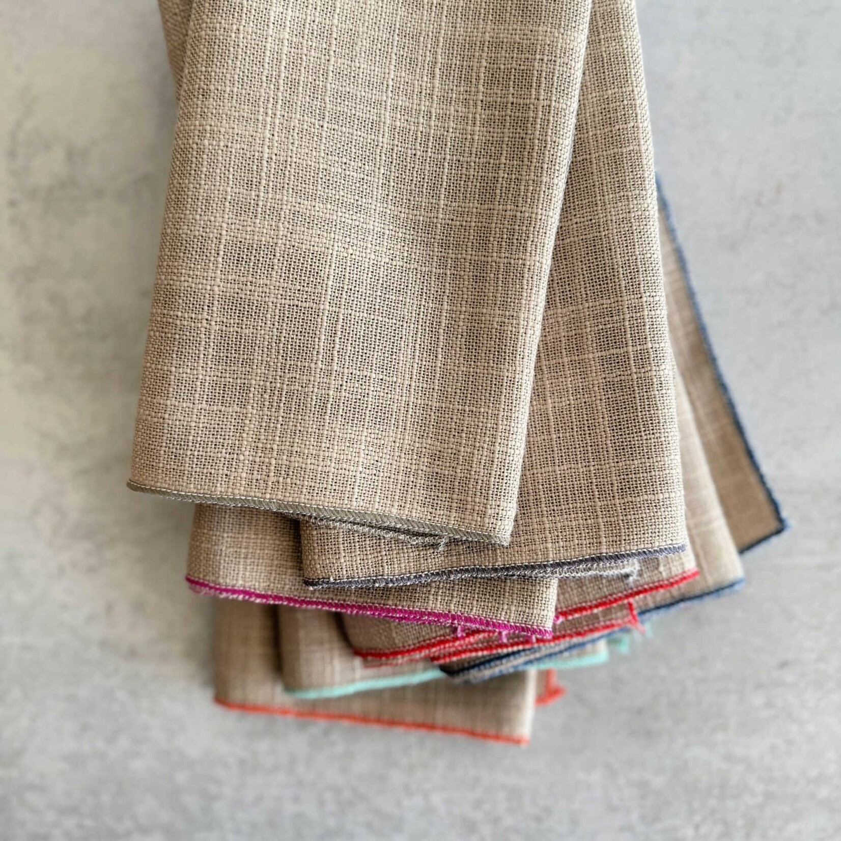 Dot and Army Oatmeal Linen Cloth Napkins with Multi-Colored Edging (Set of 8)