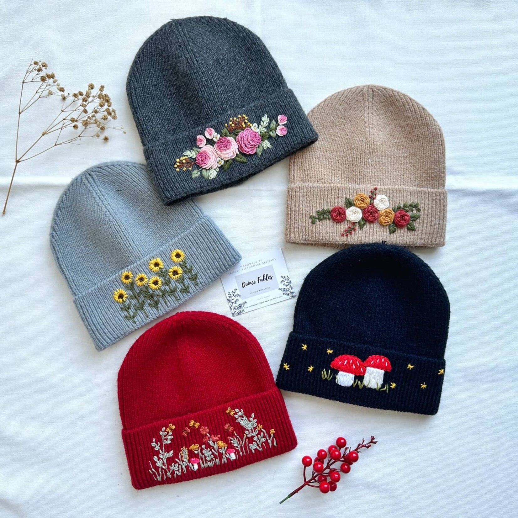 Quince Fables Embroidered Beanies