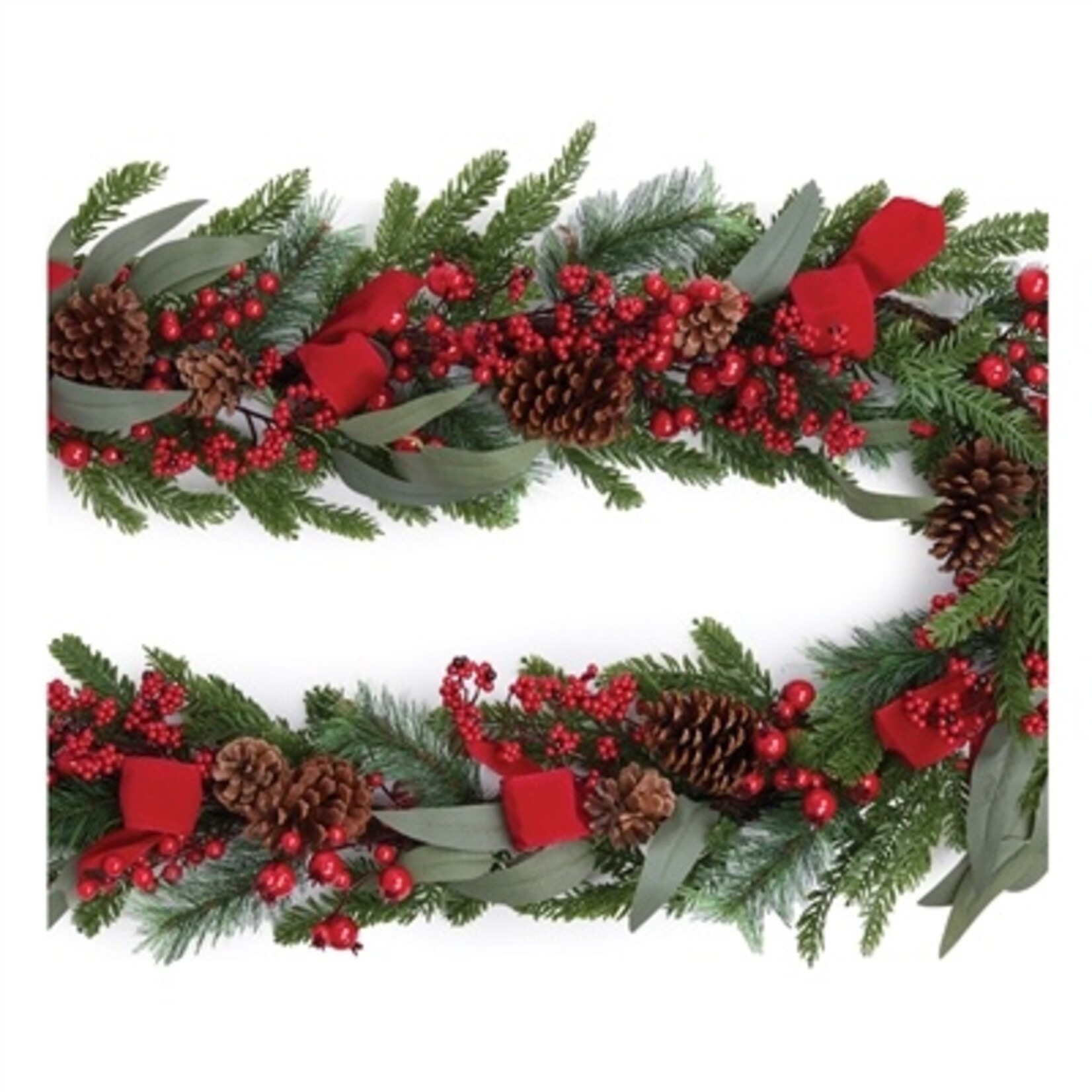 Melrose International Pine & Berry Garland w/ Ribbon - 6'