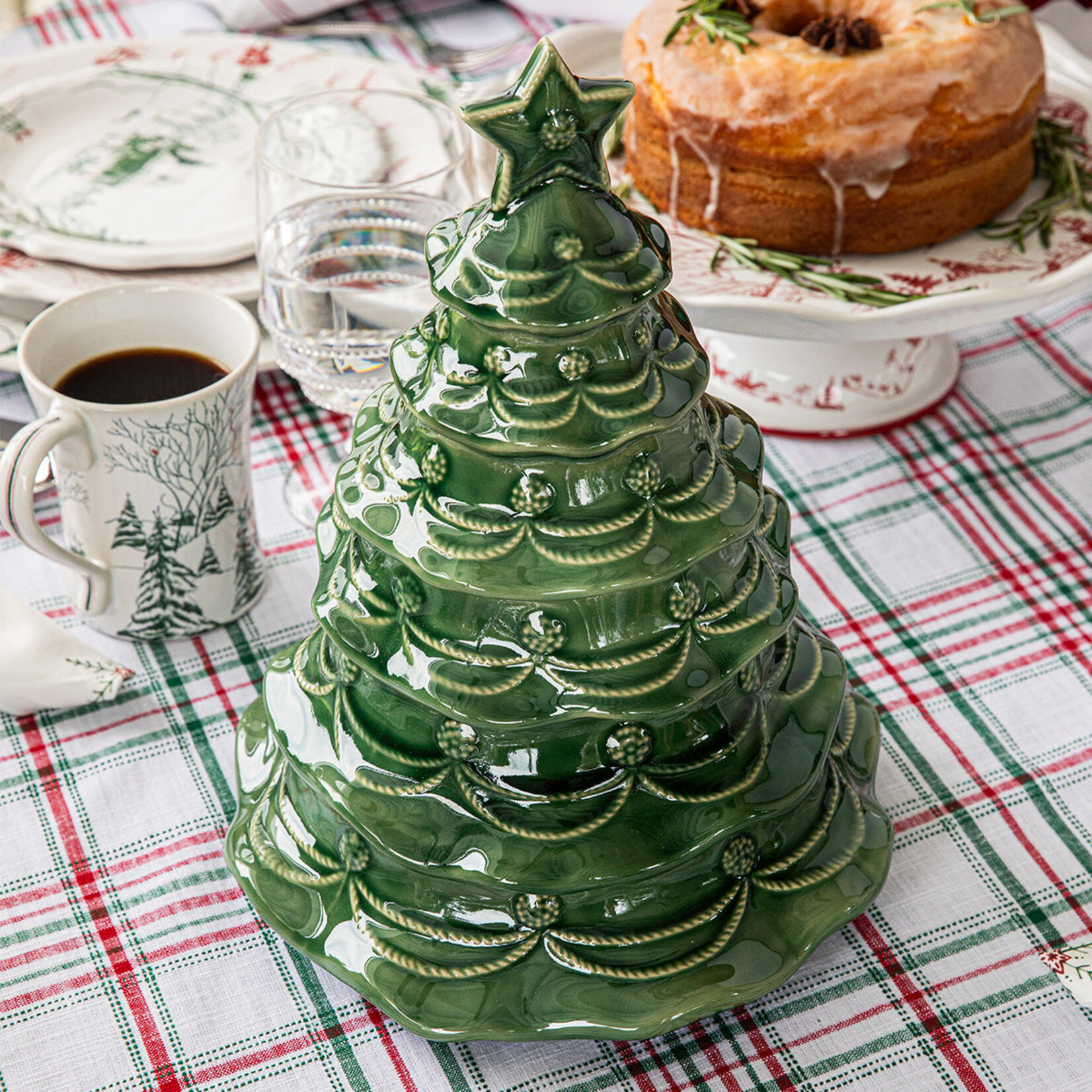 Juliska Berry & Thread Christmas Tree Cookie Jar With Lid in Basil