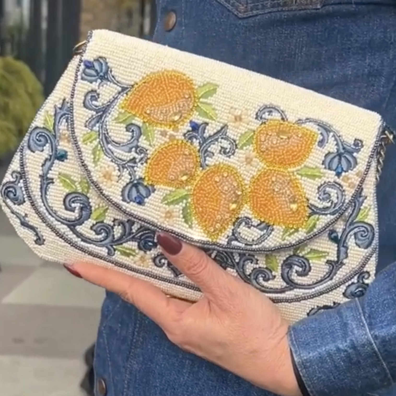 Mary Frances Capri Lemons Yellow and Blue Beaded Crossbody Handbag