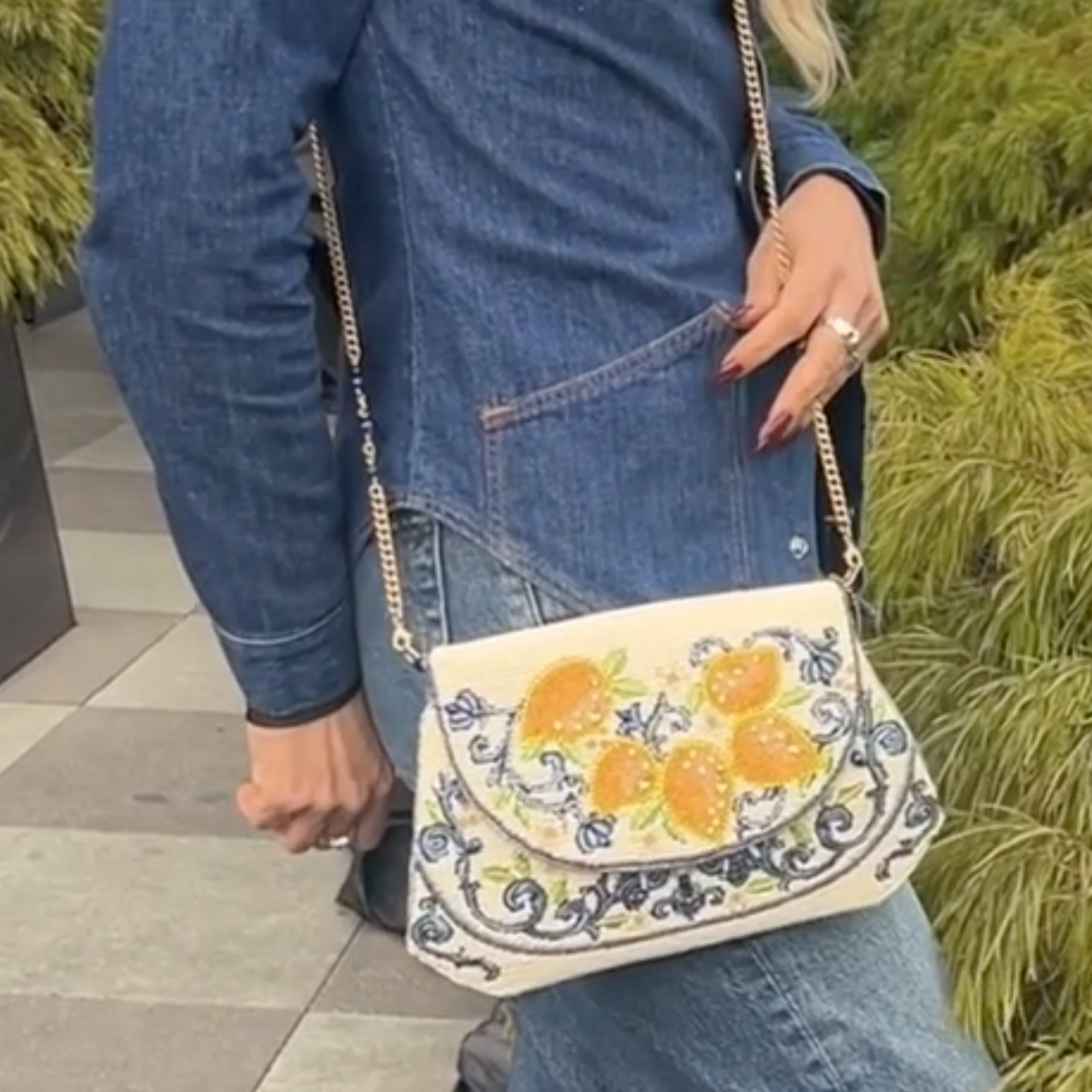 Mary Frances Capri Lemons Yellow and Blue Beaded Crossbody Handbag