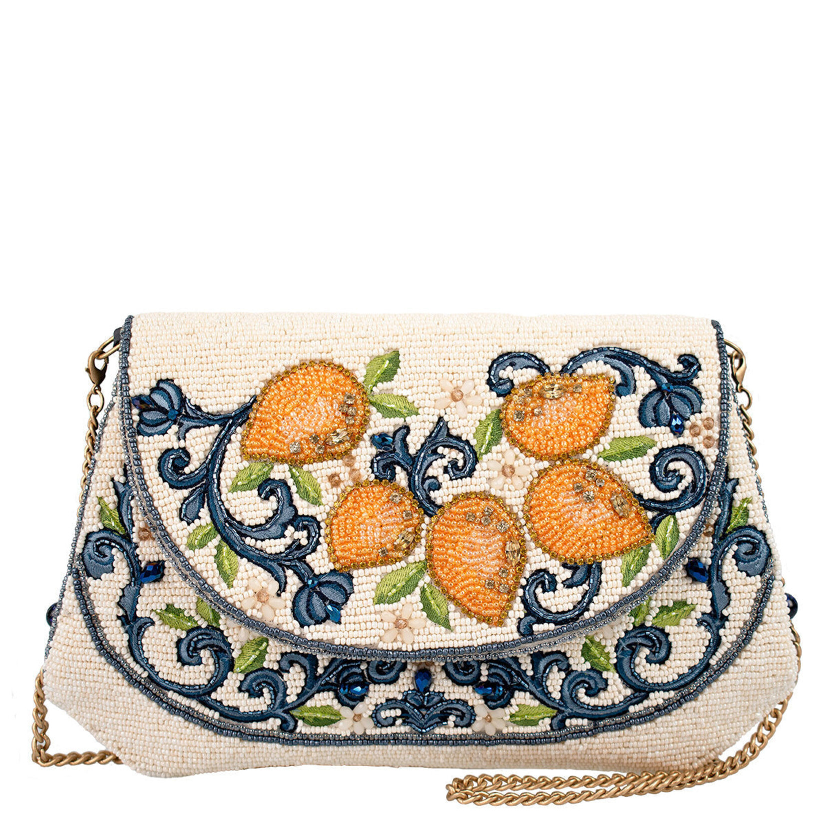 Mary Frances Capri Lemons Yellow and Blue Beaded Crossbody Handbag