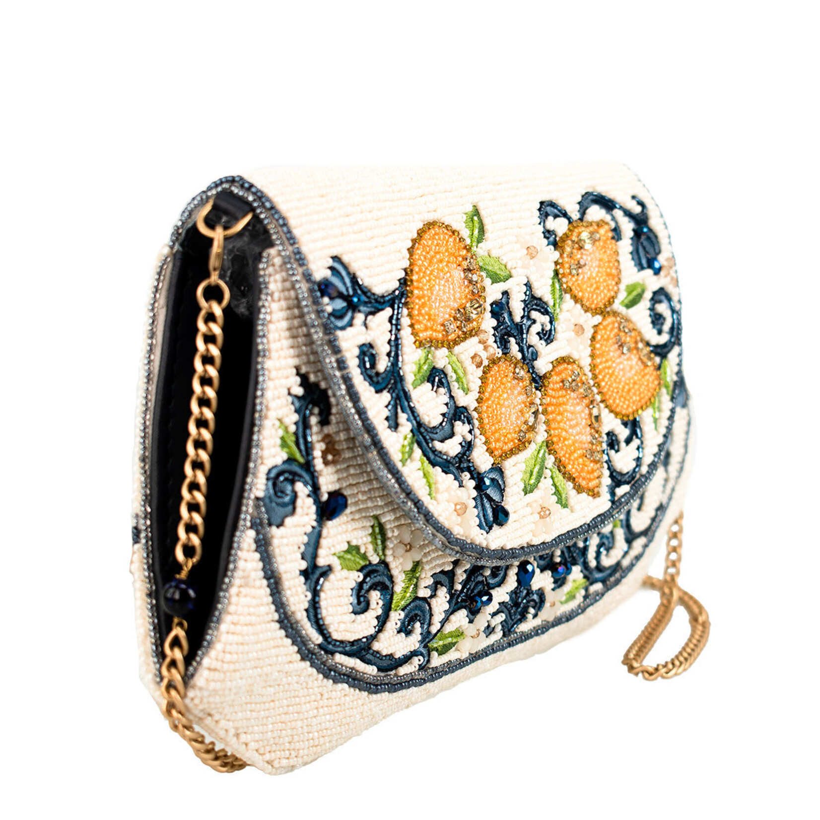 Mary Frances Capri Lemons Yellow and Blue Beaded Crossbody Handbag