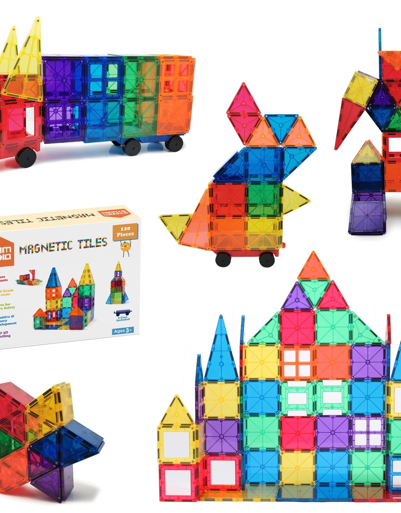 Steam Studio Steam Studio - Magnetic Star Tiles 120 Pieces Rainbow Pack With 2 Cars