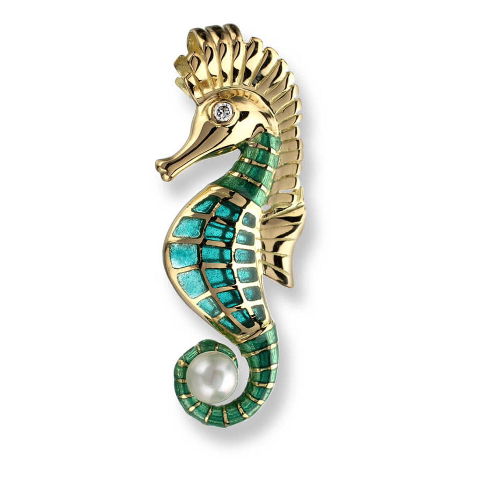 Nicole Barr 18 Karat Yellow Gold Diamond and Akoya Pearl Green Plique-a-Jour Seahorse Pendant
