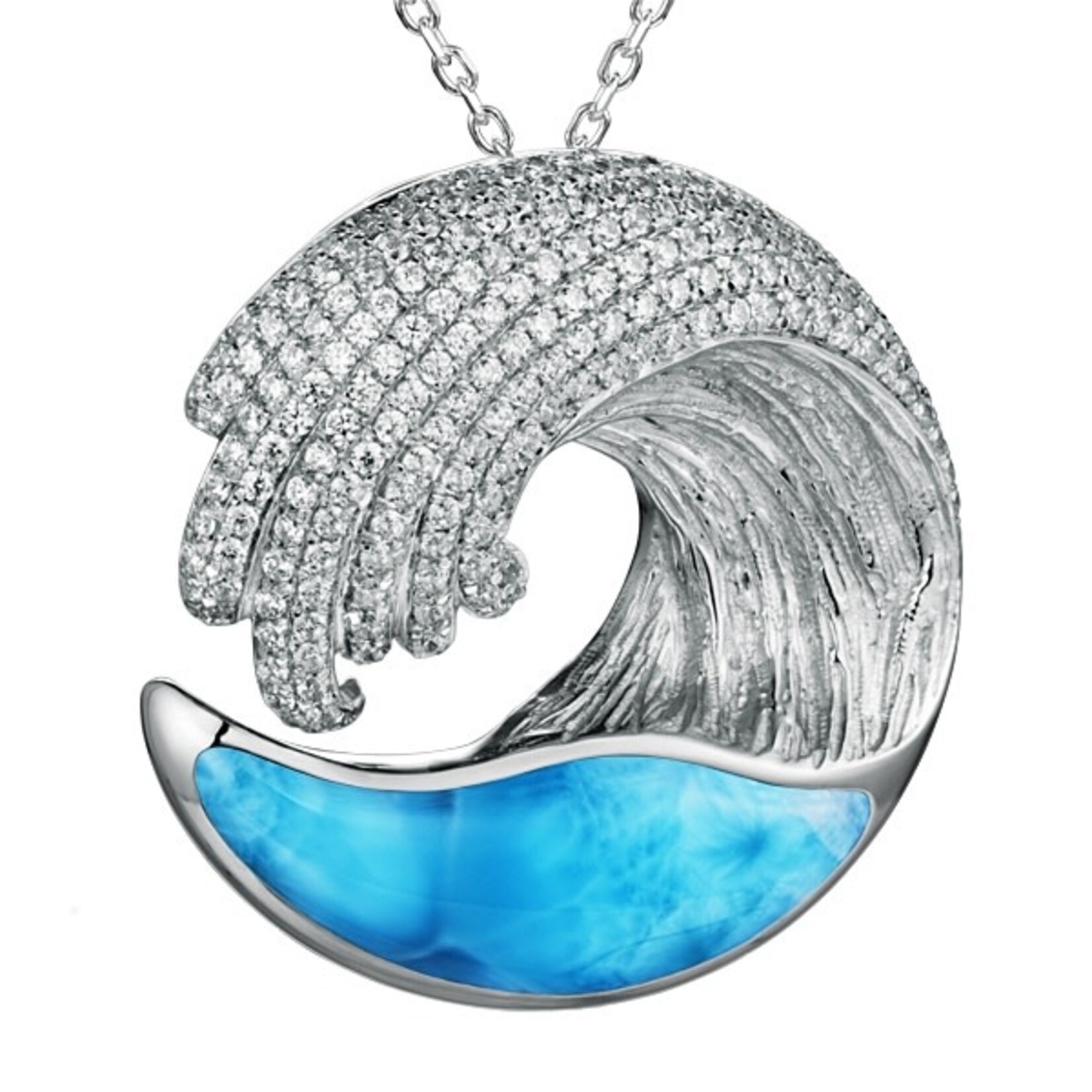 Alamea Sterling Silver CZ Larimar Wave Pendant (Small)