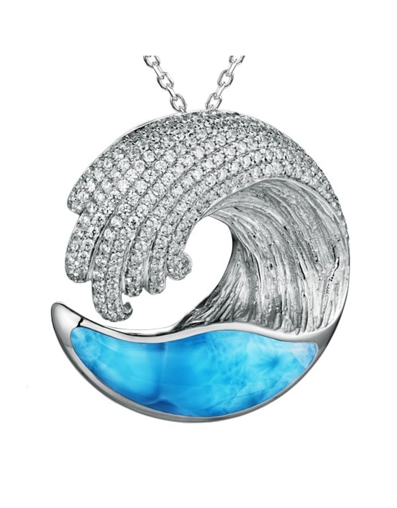 Alamea Sterling Silver CZ Larimar Wave Pendant (Small)