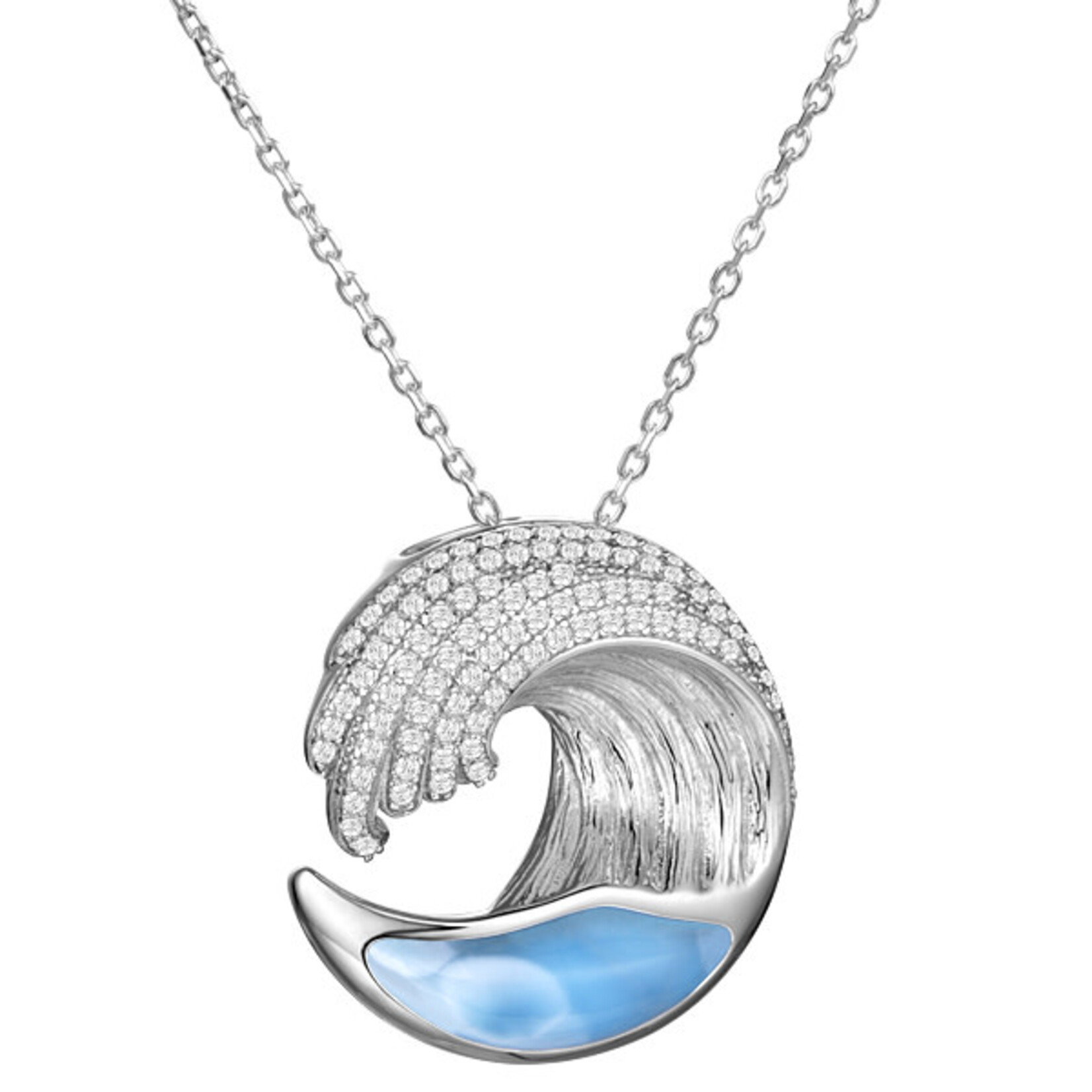 Alamea Sterling Silver CZ Larimar Wave Pendant (Small)