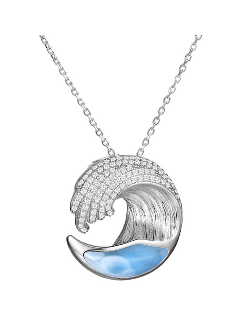 Alamea Sterling Silver CZ Larimar Wave Pendant (Small)