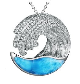 Alamea Sterling Silver CZ Larimar Wave Pendant (Large)