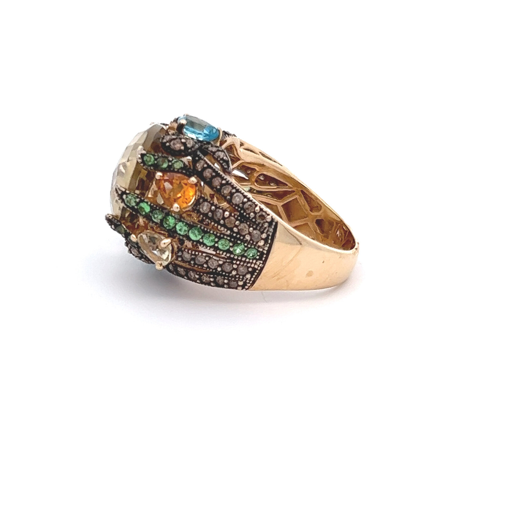 14 Karat Yellow Gold Ring with 2 Sky Blue Topaz, 2 Citrine, 3 Lemon Quartz, Cognac Diamonds, and Tsavorites