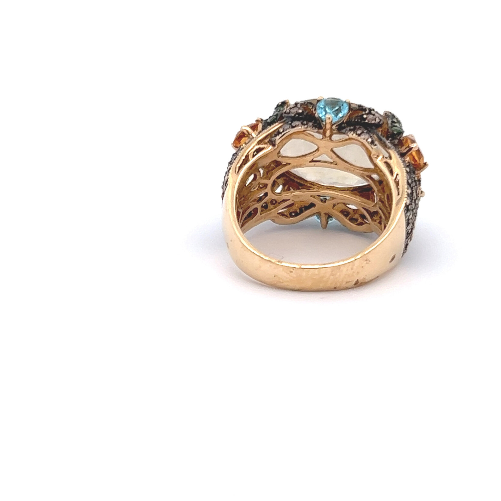 14 Karat Yellow Gold Ring with 2 Sky Blue Topaz, 2 Citrine, 3 Lemon Quartz, Cognac Diamonds, and Tsavorites