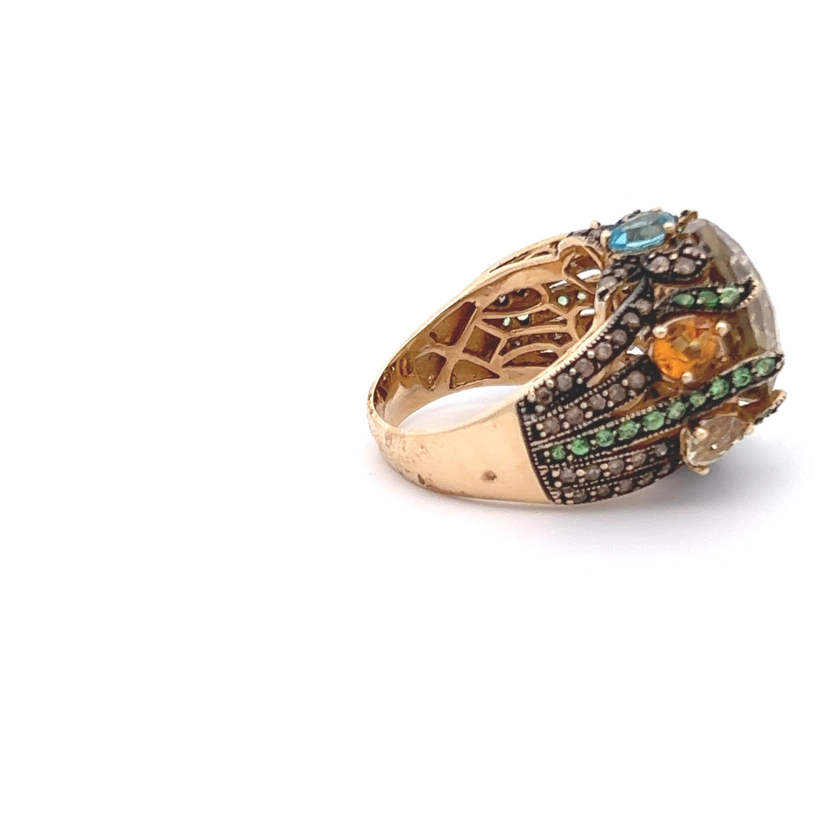 14 Karat Yellow Gold Ring with 2 Sky Blue Topaz, 2 Citrine, 3 Lemon Quartz, Cognac Diamonds, and Tsavorites