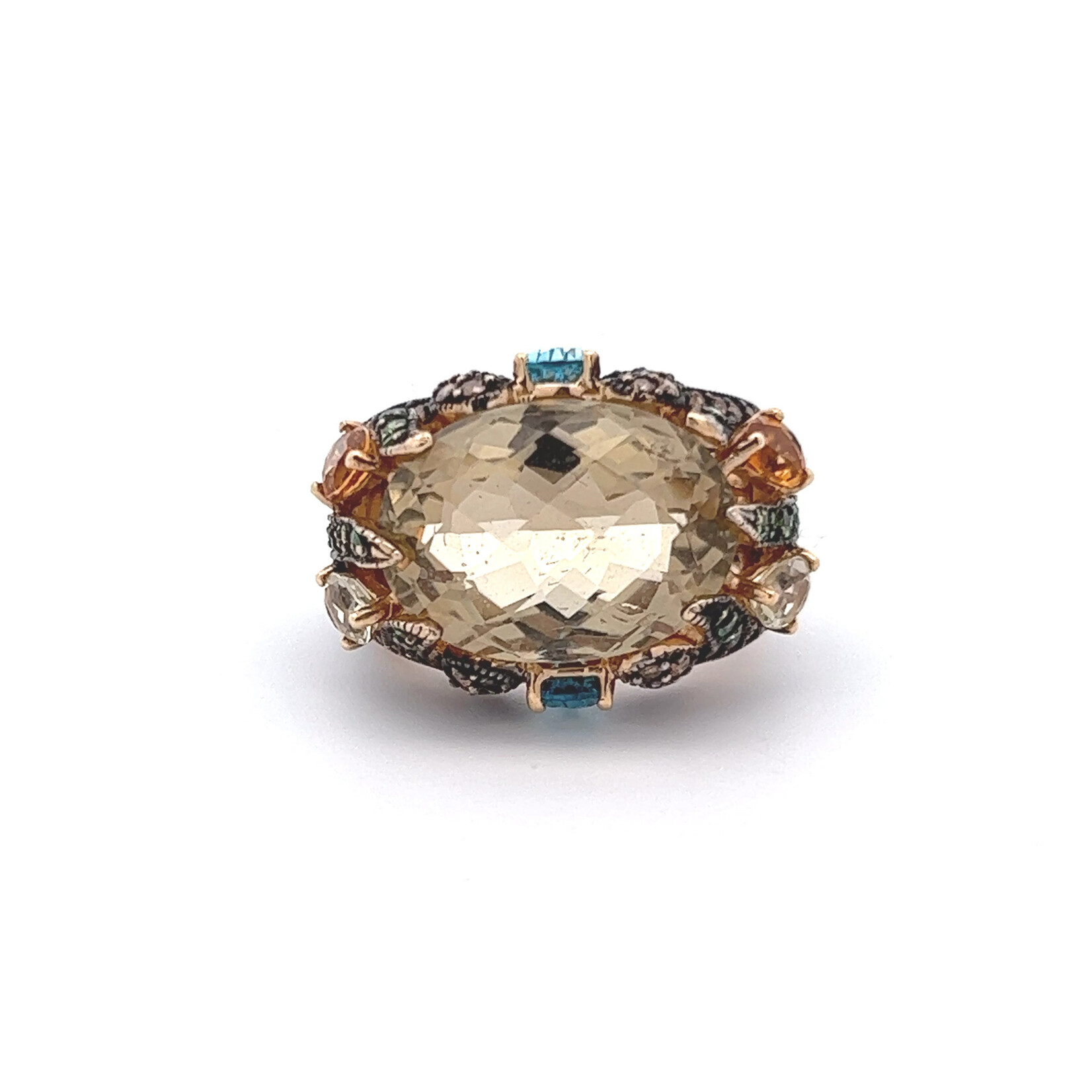 14 Karat Yellow Gold Ring with 2 Sky Blue Topaz, 2 Citrine, 3 Lemon Quartz, Cognac Diamonds, and Tsavorites