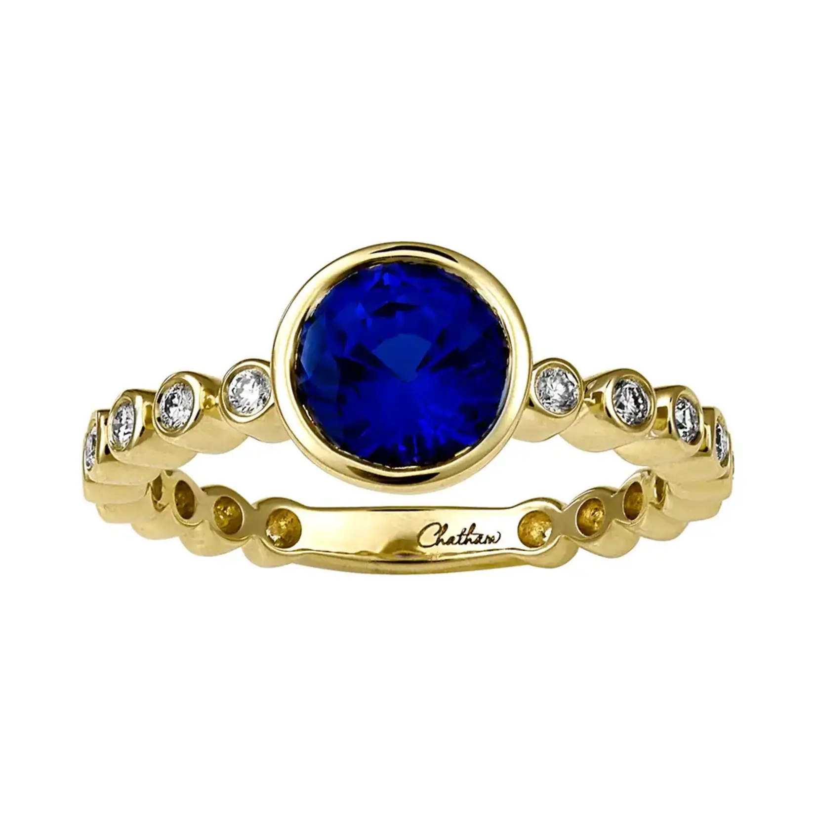 Chatham 14 Karat Yellow Gold Lab-Grown Round Sapphire & Diamond Ring