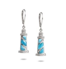 Alamea Sterling Silver CZ Larimar Lighthouse Dangle Earrings