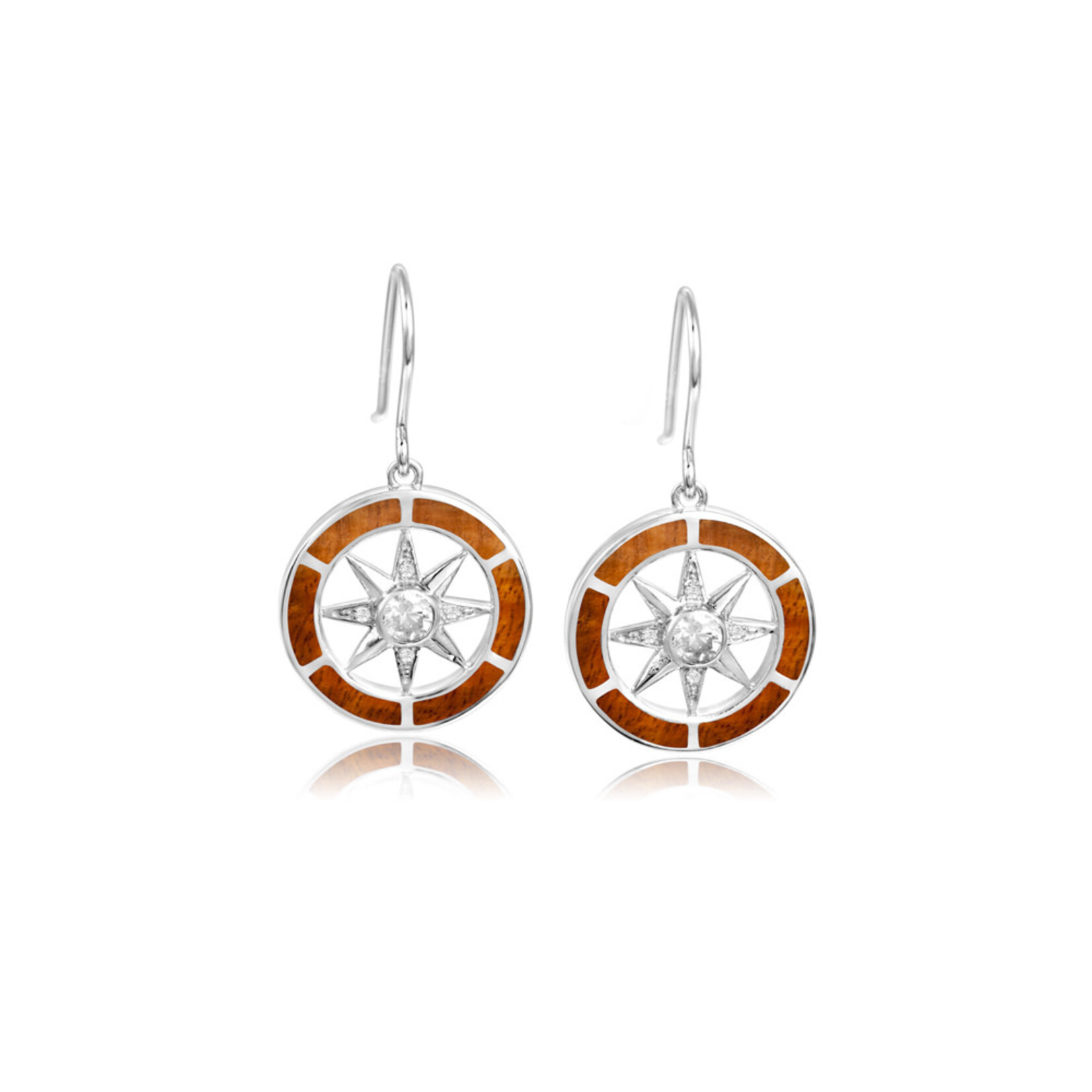 Alamea Sterling Silver CZ and Koa Wood Compass Earrings