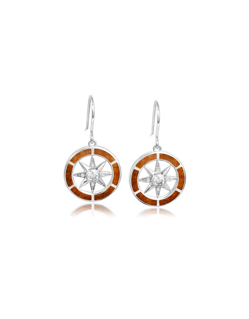 Alamea Sterling Silver CZ and Koa Wood Compass Earrings