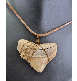 Peaceful Sea Creations PSC Genuine Megalodon Tooth Fossil Necklace (Huge Posterior) Brown, Brown Wire, Soft Brown Leather Cord