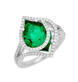Chatham 14 Karat White Gold Lab-Grown Flame-Cut Emerald & Diamond Ring