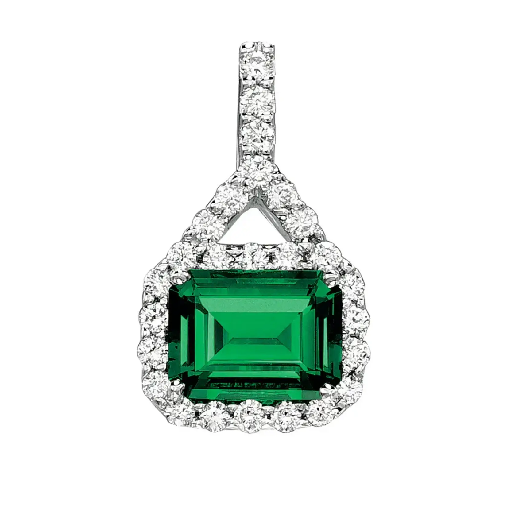 Chatham 14 Karat White Gold Lab-Grown Emerald & Diamond Drop Pendant