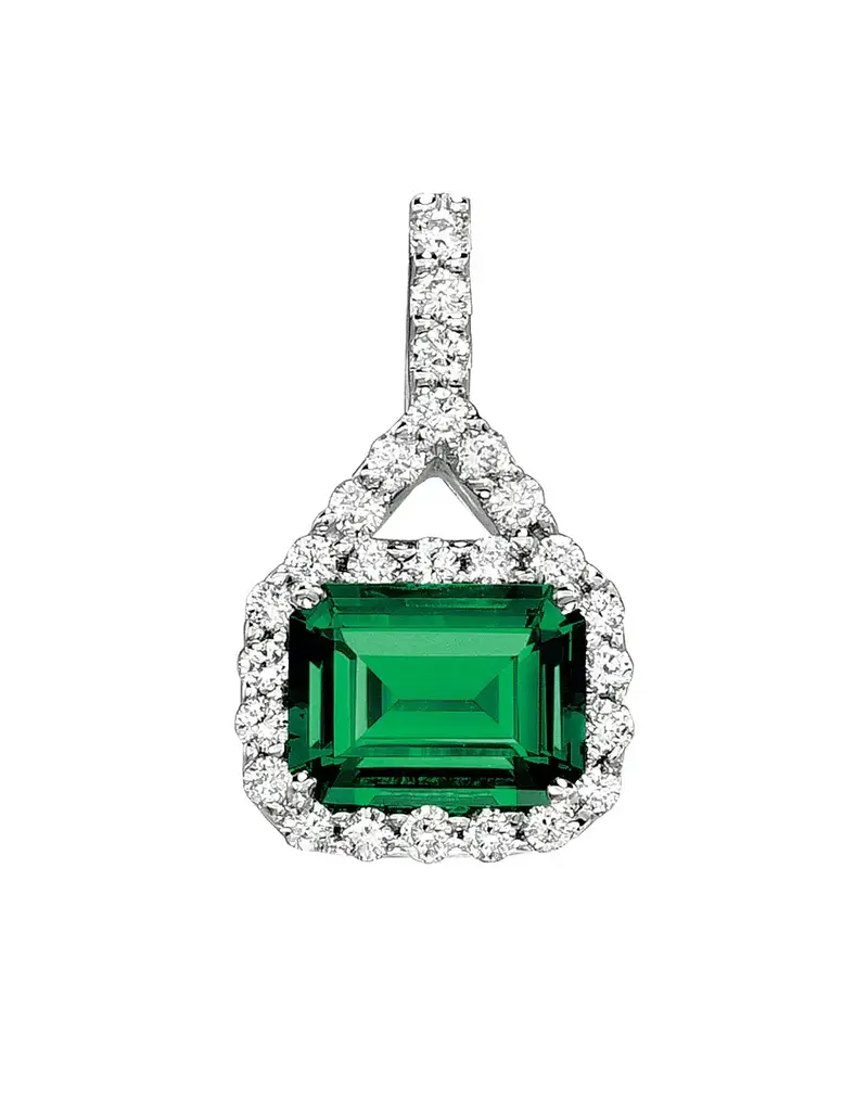 Chatham 14 Karat White Gold Lab-Grown Emerald & Diamond Drop Pendant