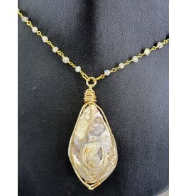 Peaceful Sea Creations PSC Fossilized Seashell Pendant on Labradorite Bead Chain, Goldtone