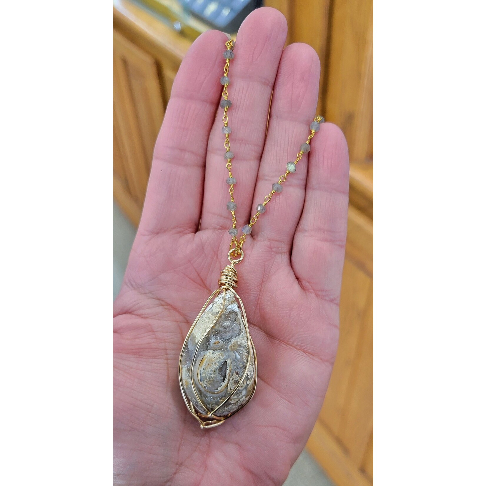 Peaceful Sea Creations PSC Fossilized Seashell Pendant on Labradorite Bead Chain, Goldtone