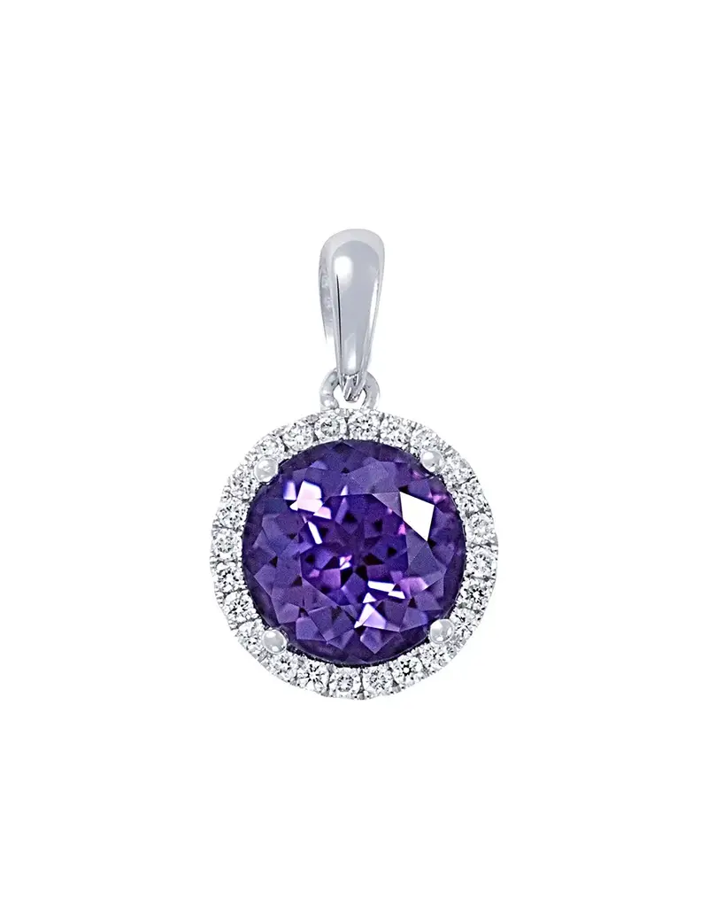 Chatham 14 Karat White Gold Lab-Grown Alexandrite and Diamond Round Pendant