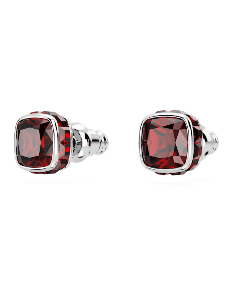 Swarovski  Birthstone stud earrings Square cut, January, Red, Rhodium plated