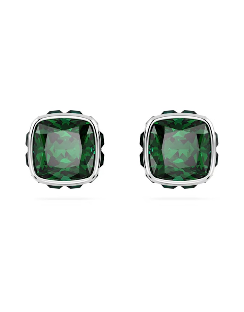 Swarovski  Birthstone stud earrings Square cut, May, Green, Rhodium plated