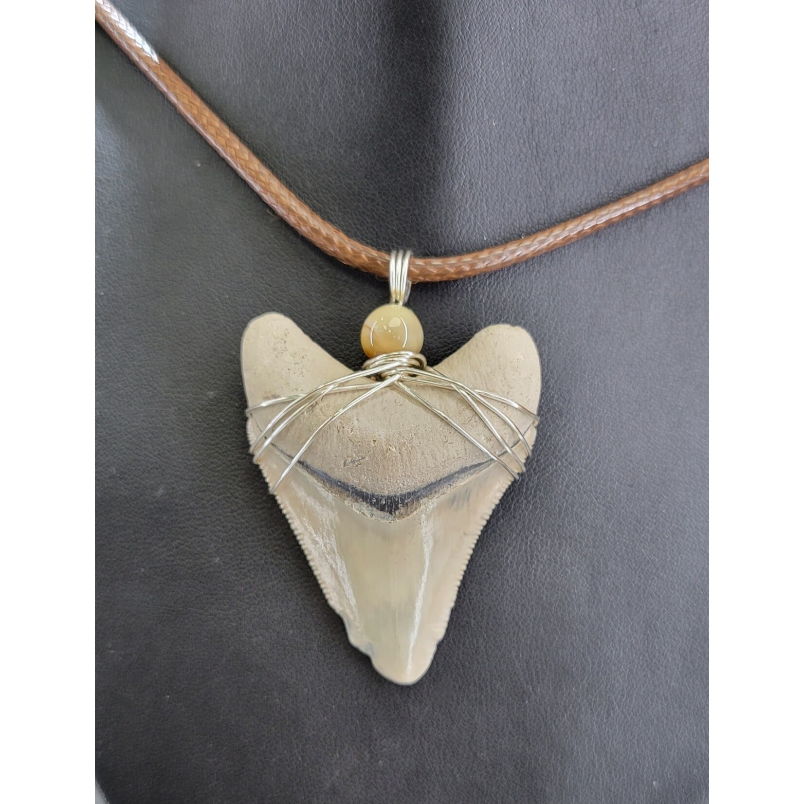 Peaceful Sea Creations PSC Genuine Megalodon Tooth Fossil Necklace (Gray), Silvertone Wire, Soft Brown Leather Cord