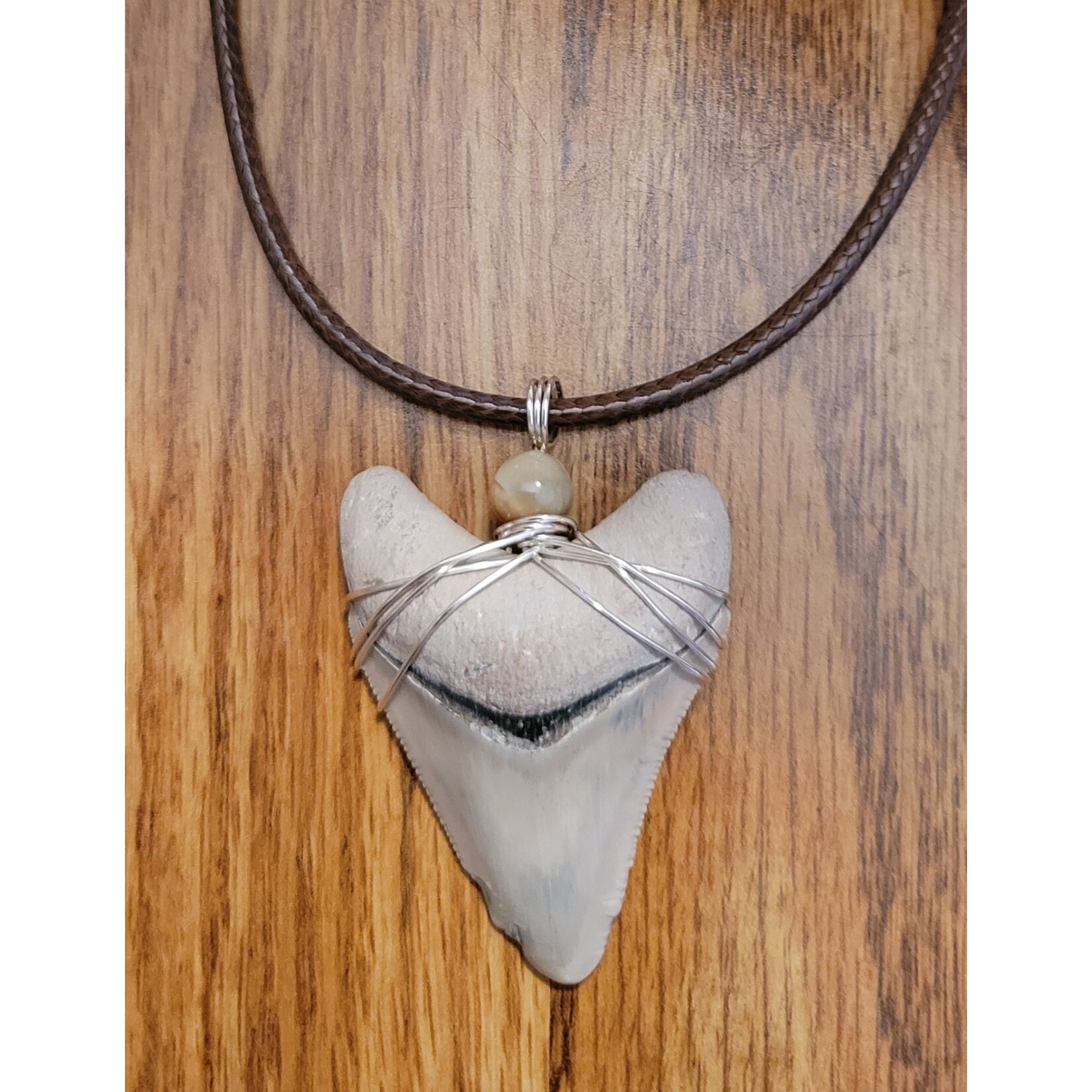 Peaceful Sea Creations PSC Genuine Megalodon Tooth Fossil Necklace (Gray), Silvertone Wire, Soft Brown Leather Cord
