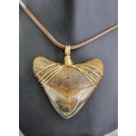 Peaceful Sea Creations PSC Genuine Megalodon Polished Tooth Fossil Necklace, Goldtone Wire, Soft Brown Leather Cord
