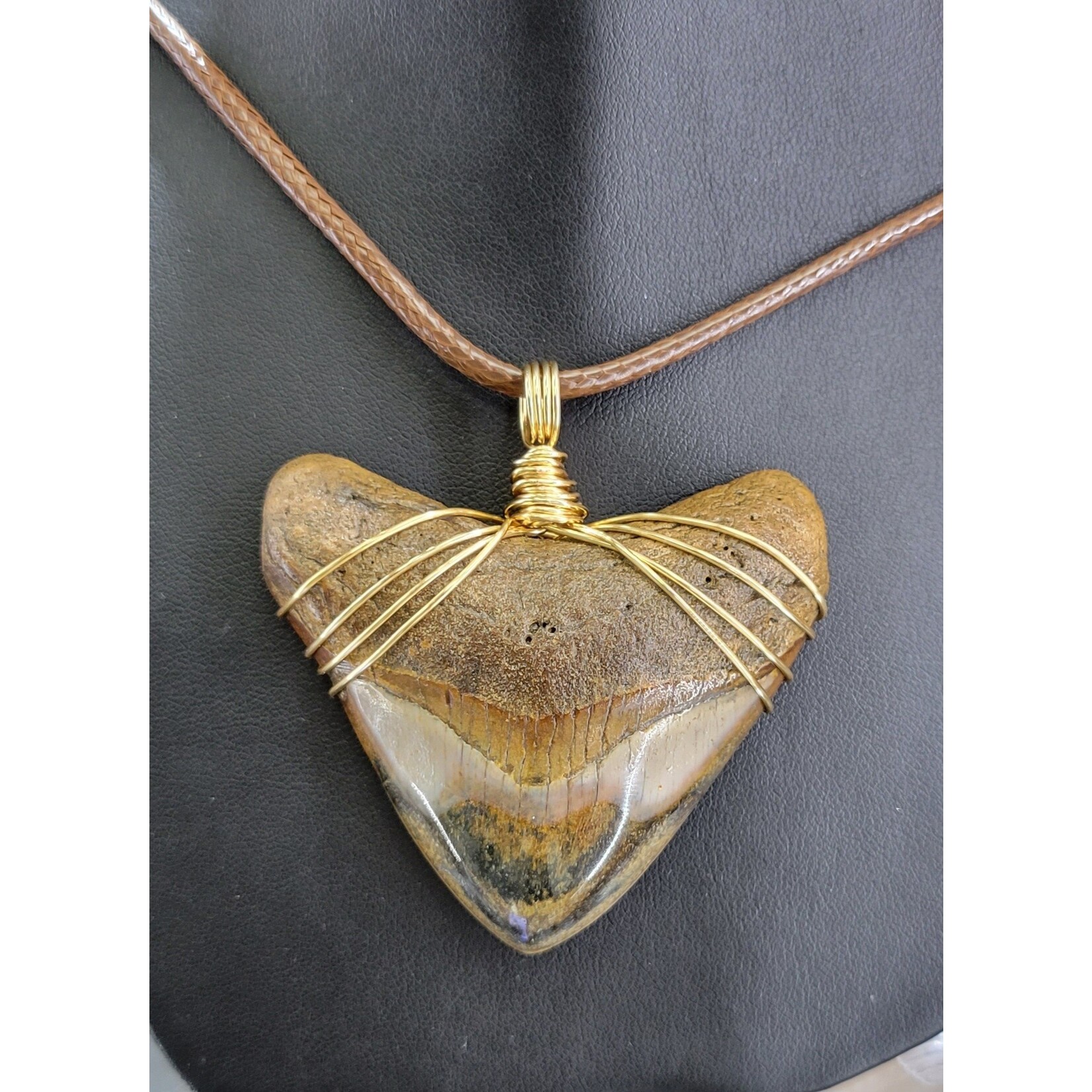 Peaceful Sea Creations PSC Genuine Megalodon Polished Tooth Fossil Necklace, Goldtone Wire, Soft Brown Leather Cord