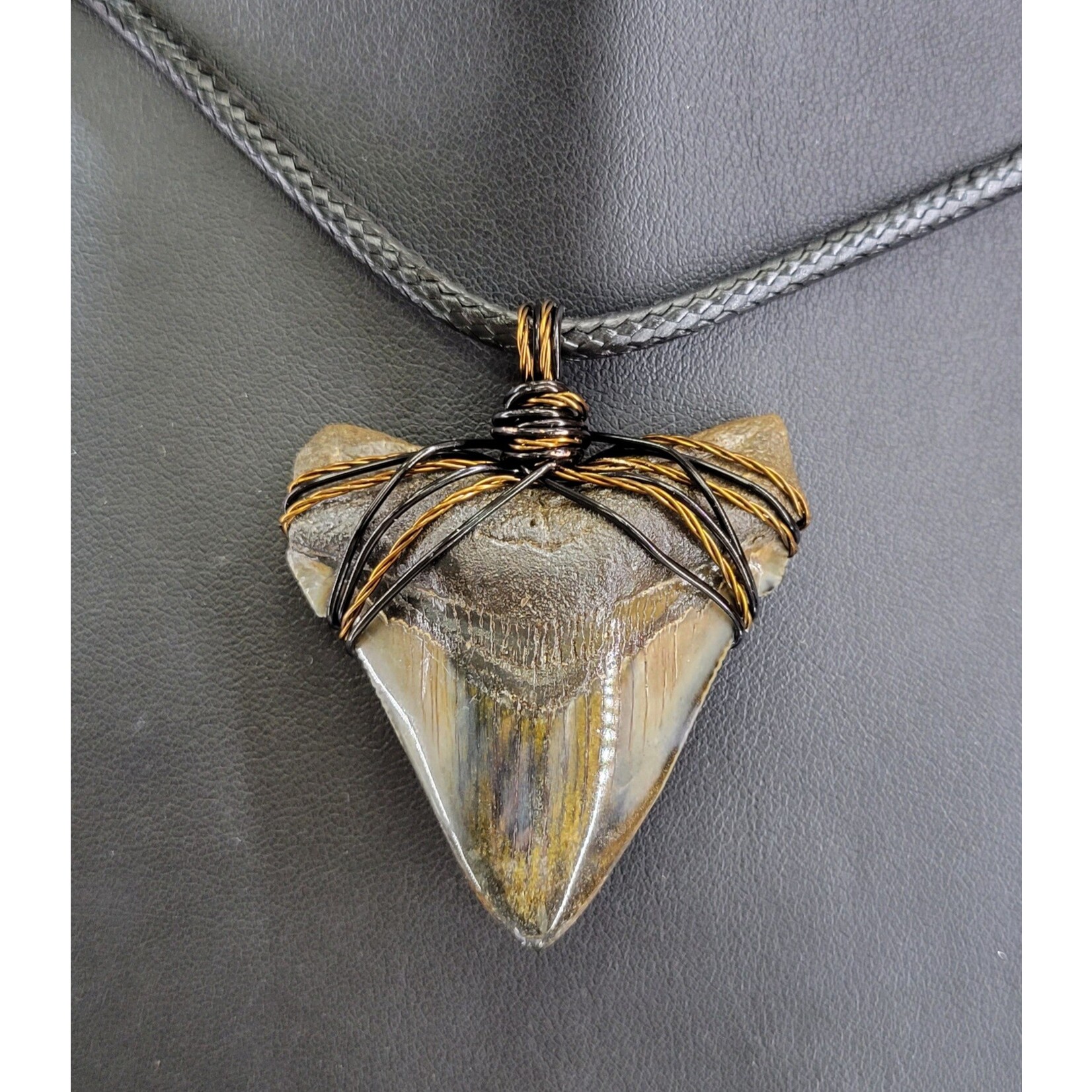 Peaceful Sea Creations PSC Genuine Megalodon Polished Tooth Fossil Necklace, Brown/Black Wire, Soft Black Leather Cord