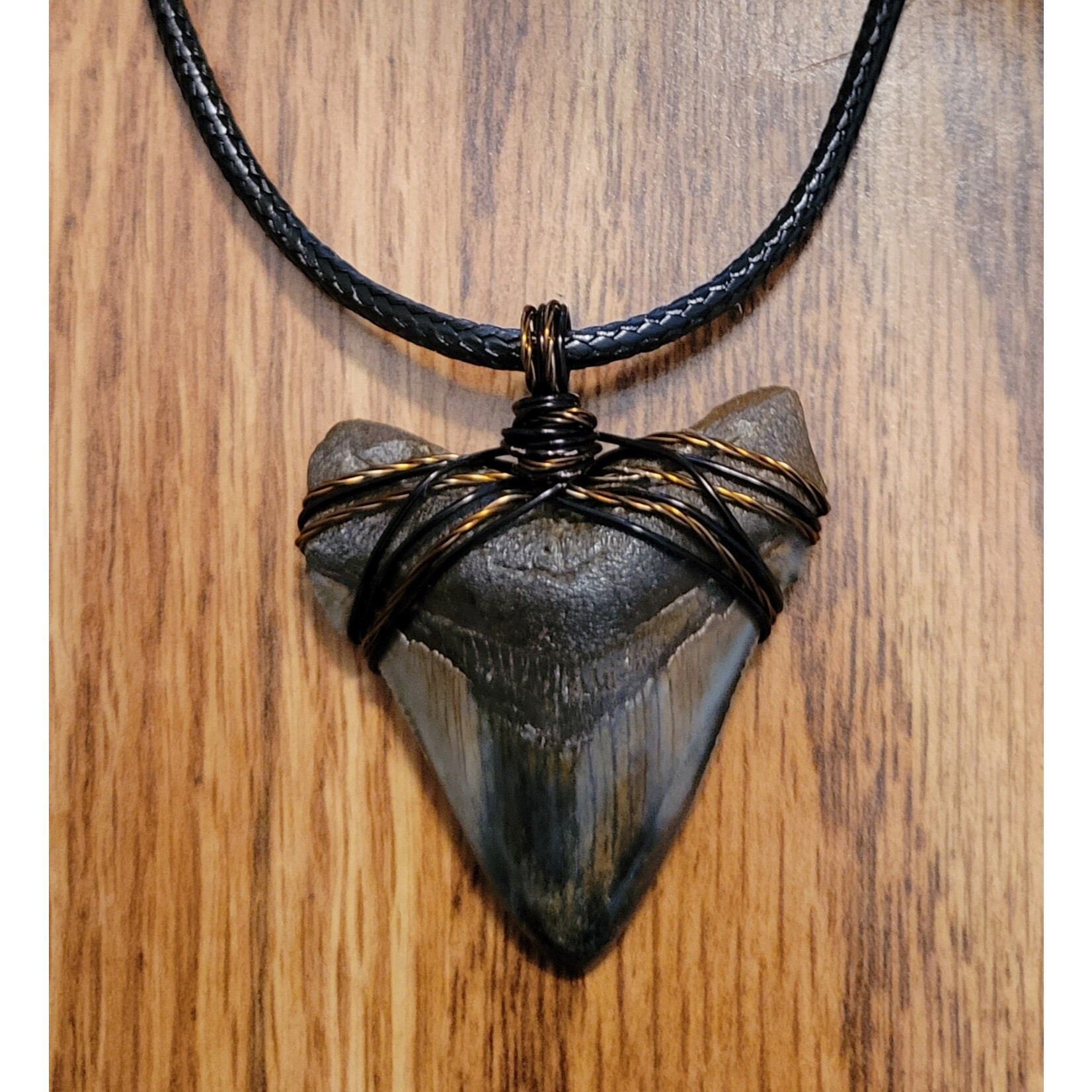 Peaceful Sea Creations PSC Genuine Megalodon Polished Tooth Fossil Necklace, Brown/Black Wire, Soft Black Leather Cord