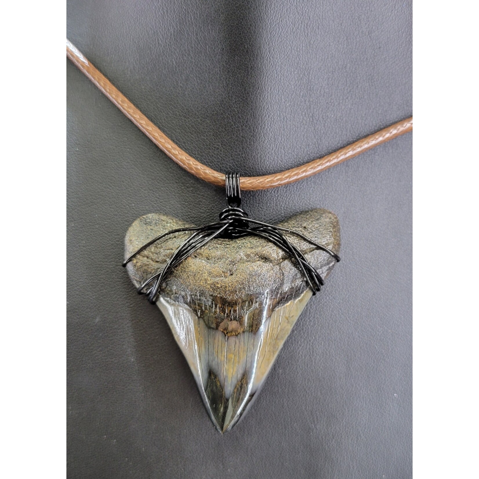 Peaceful Sea Creations PSC Genuine Megalodon Polished Tooth Fossil Necklace, Black Wire, Soft Brown Leather Cord