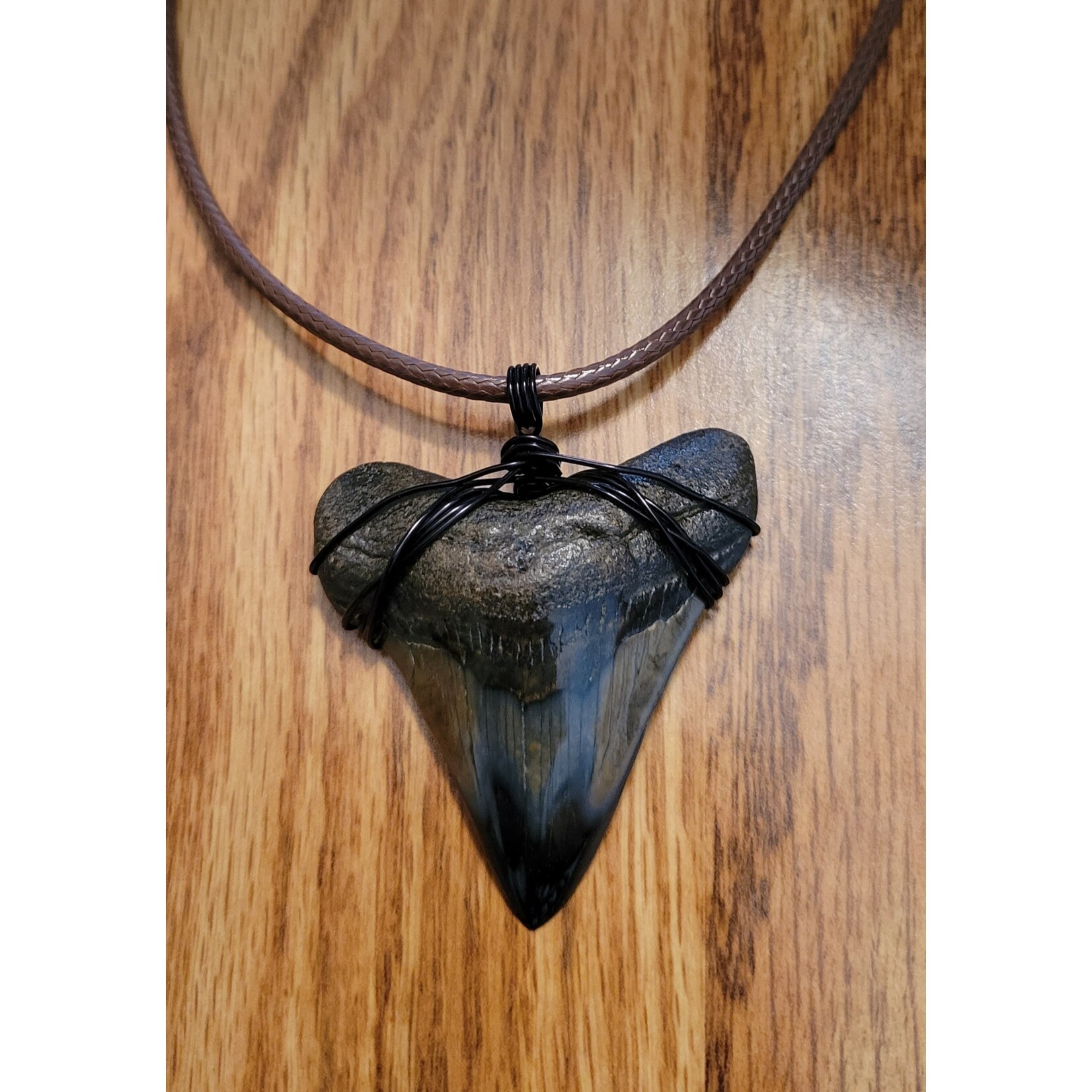 Peaceful Sea Creations PSC Genuine Megalodon Polished Tooth Fossil Necklace, Black Wire, Soft Brown Leather Cord