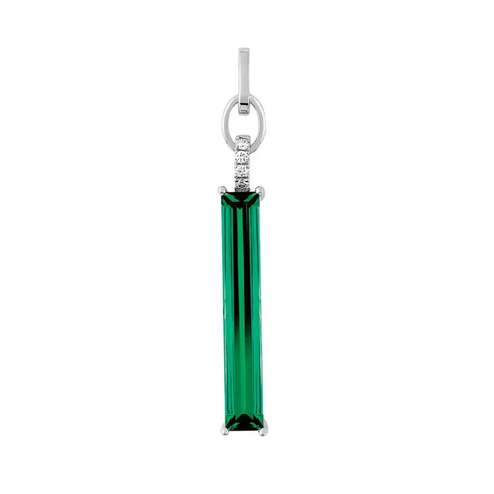 Chatham 14 Karat White Gold Lab-Grown Elongated Baguette Emerald & Diamond Pendant