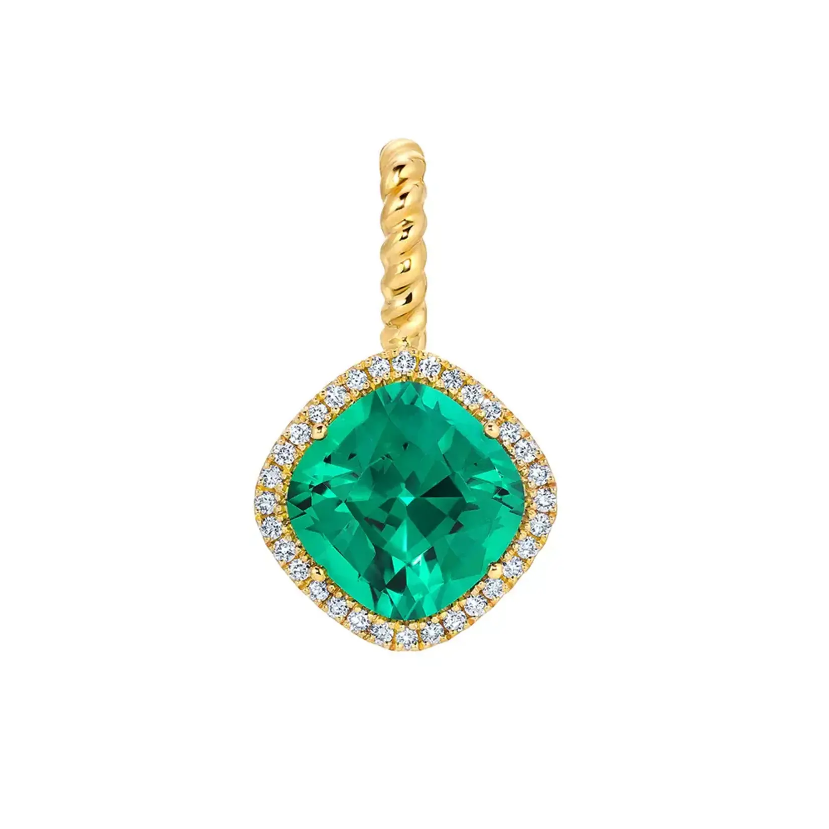 Chatham 14 Karat Yellow Gold Lab-Grown Century-Cut Emerald and Diamond Halo Pendant