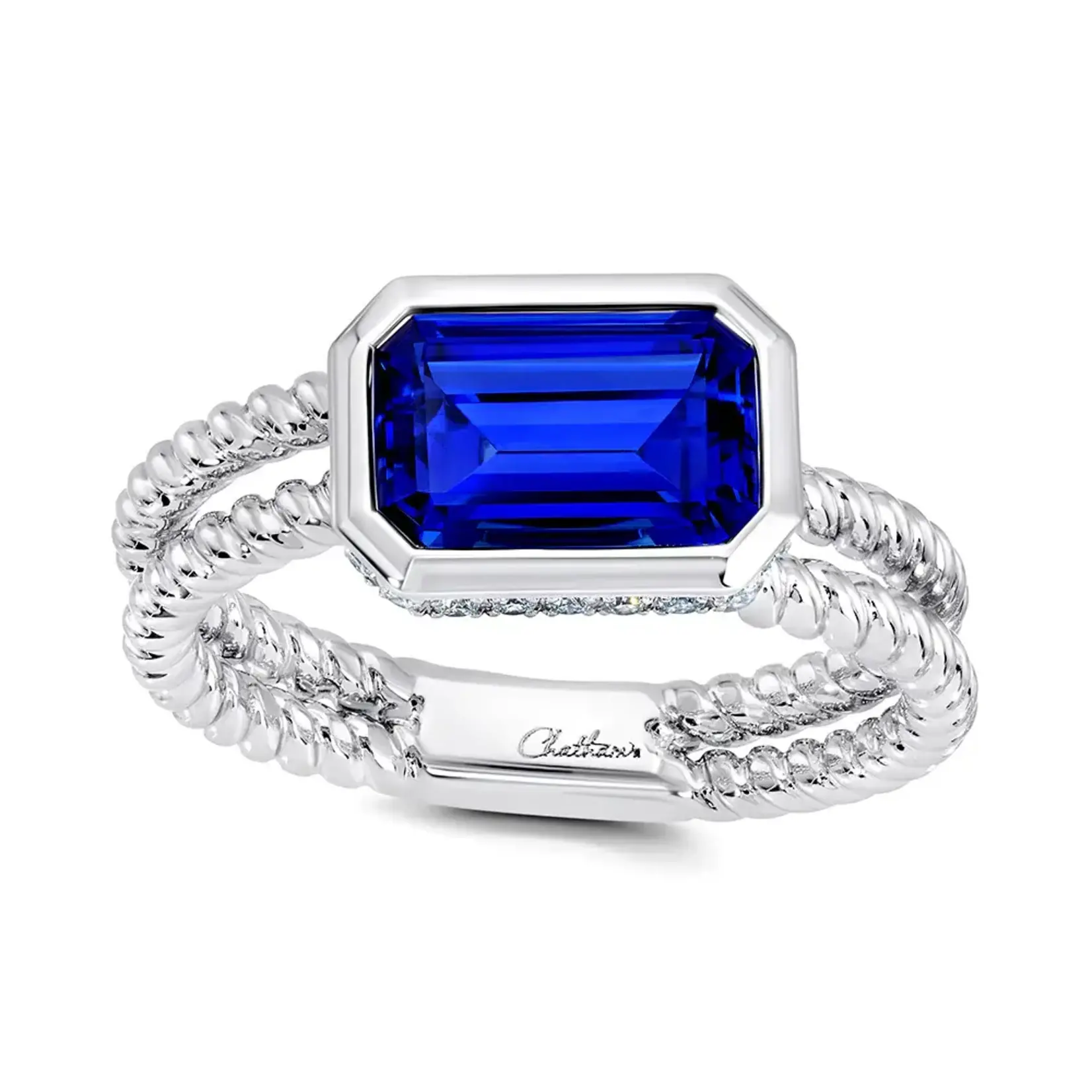 Chatham 14 Karat White Gold Lab-Grown Emerald-Cut Sapphire and Diamond Ring