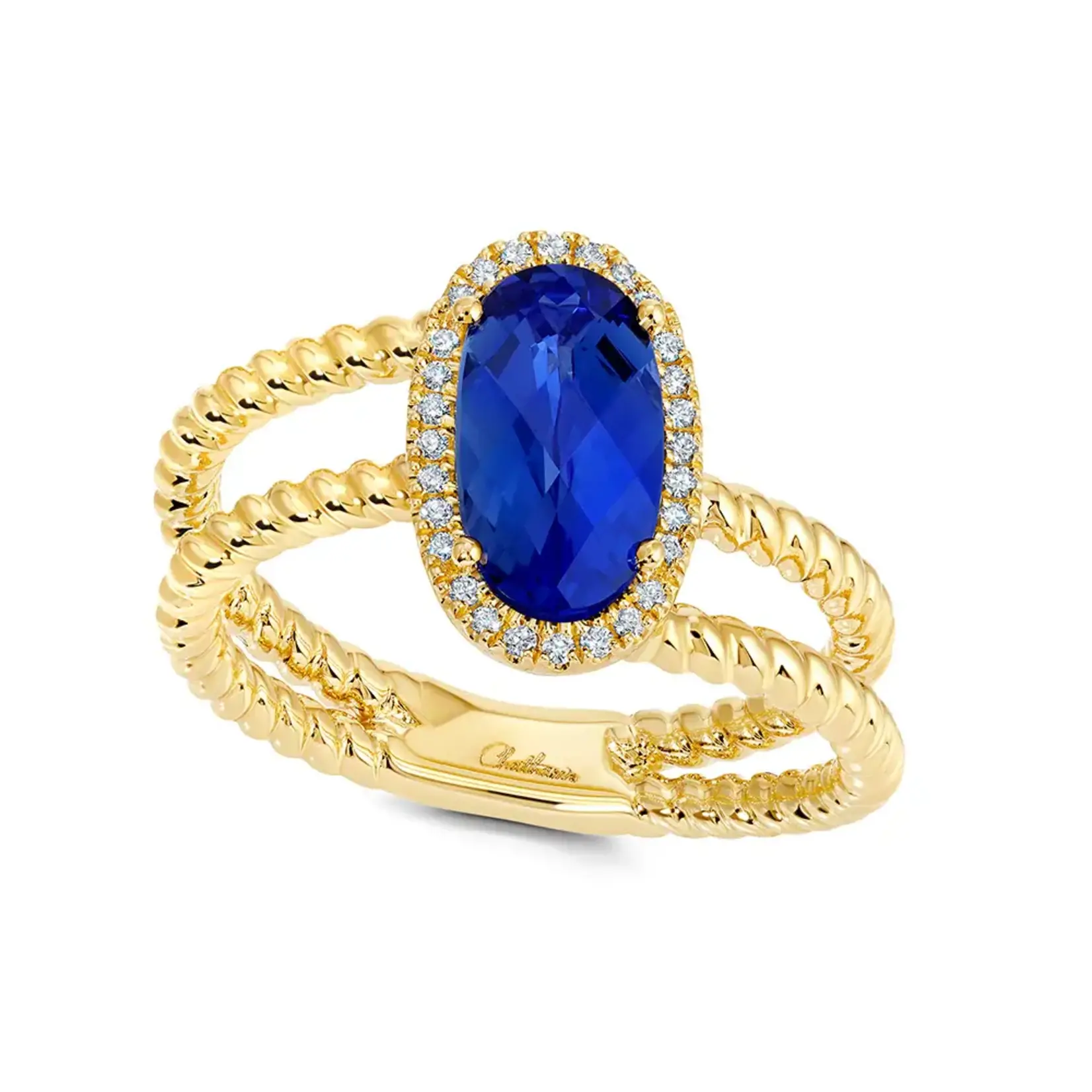 Chatham 14 Karat Yellow Gold Lab-Grown Oval Sapphire & Diamond Halo Ring