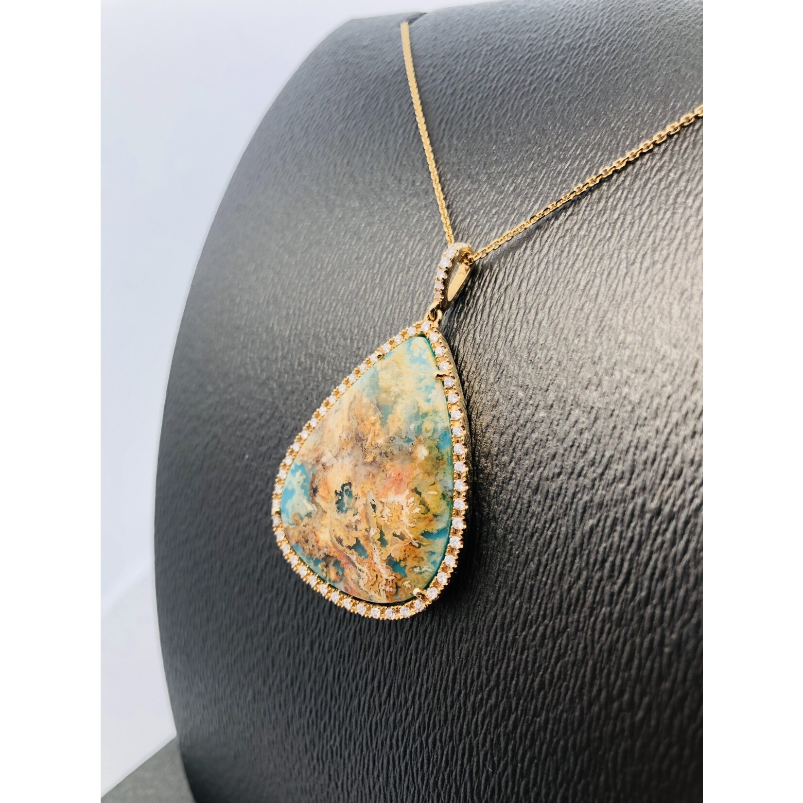 PeJay Creations Coral Sea Plum Agate, Turquoise and Diamond Halo Pendant in 14 karat yellow gold