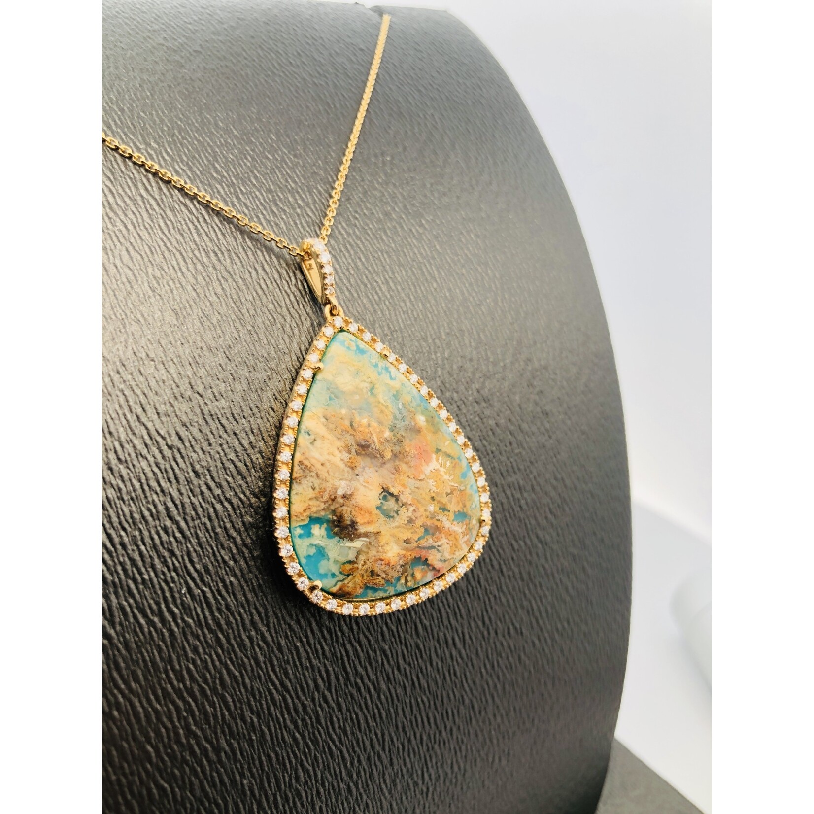 PeJay Creations Coral Sea Plum Agate, Turquoise and Diamond Halo Pendant in 14 karat yellow gold