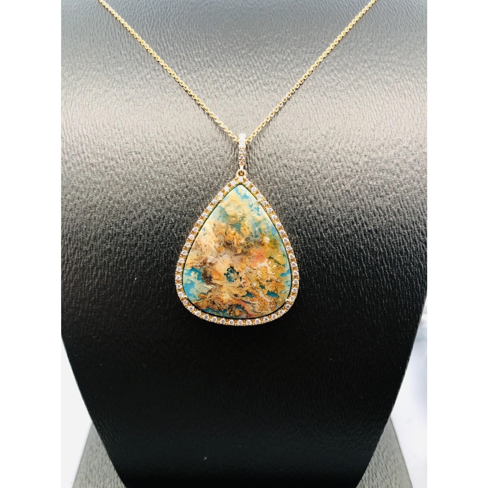 PeJay Creations Coral Sea Plum Agate, Turquoise and Diamond Halo Pendant in 14 karat yellow gold