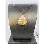 PeJay Creations Coral Sea Plum Agate, Turquoise and Diamond Halo Pendant in 14 karat yellow gold