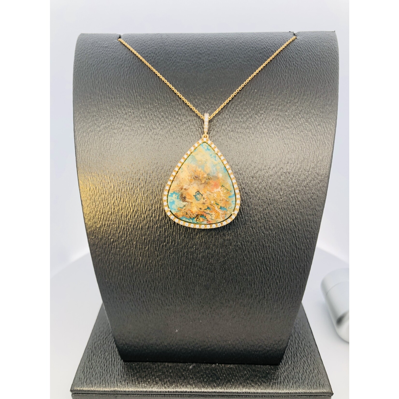 PeJay Creations Coral Sea Plum Agate, Turquoise and Diamond Halo Pendant in 14 karat yellow gold